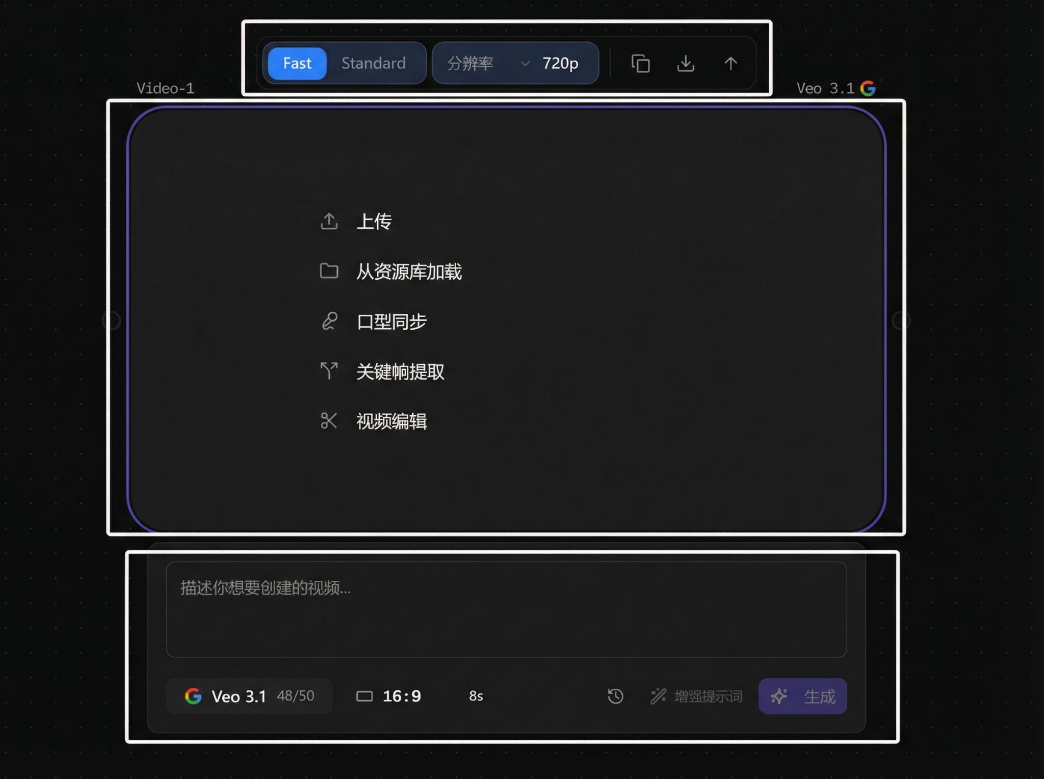 Video node UI layout with top controls, main panel, and prompt area highlighted